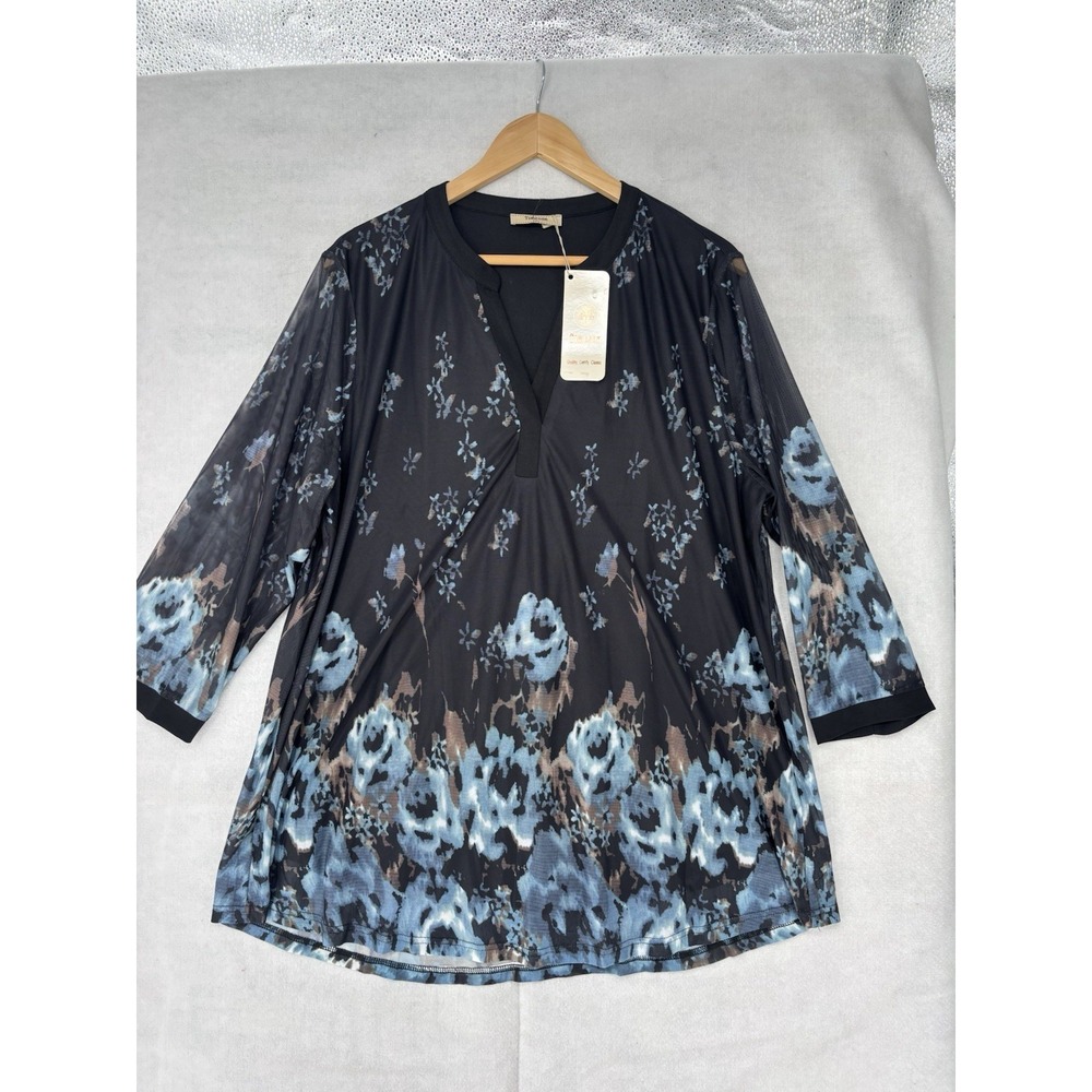 Timeson Floral Tunic Top 2XL Longline Blouse V Neck Blue 3/4 Sleeves Lined NWT
